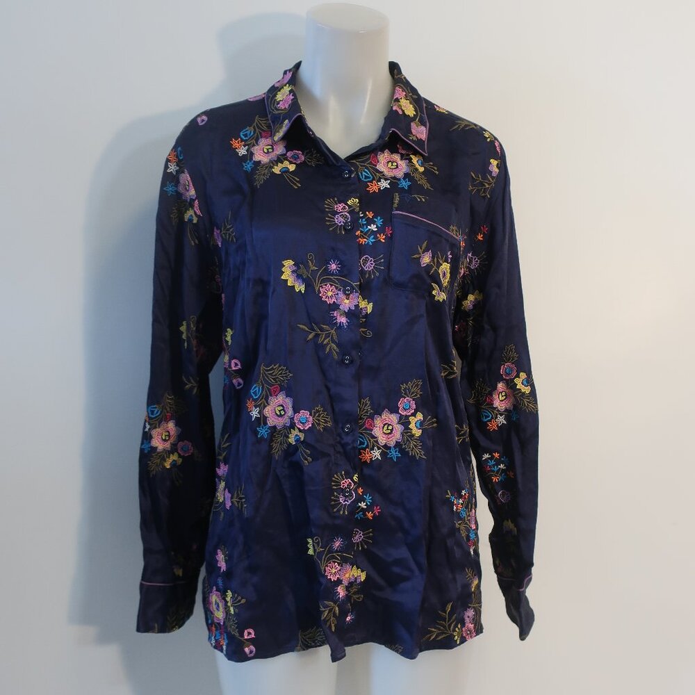 Womens Johnny Was Blue, Multi Color Floral Embroidered Button Down Blouse L